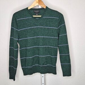 Banana Republic Merino Wool Sweater Green Striped V Neck Lightweight Men's Med